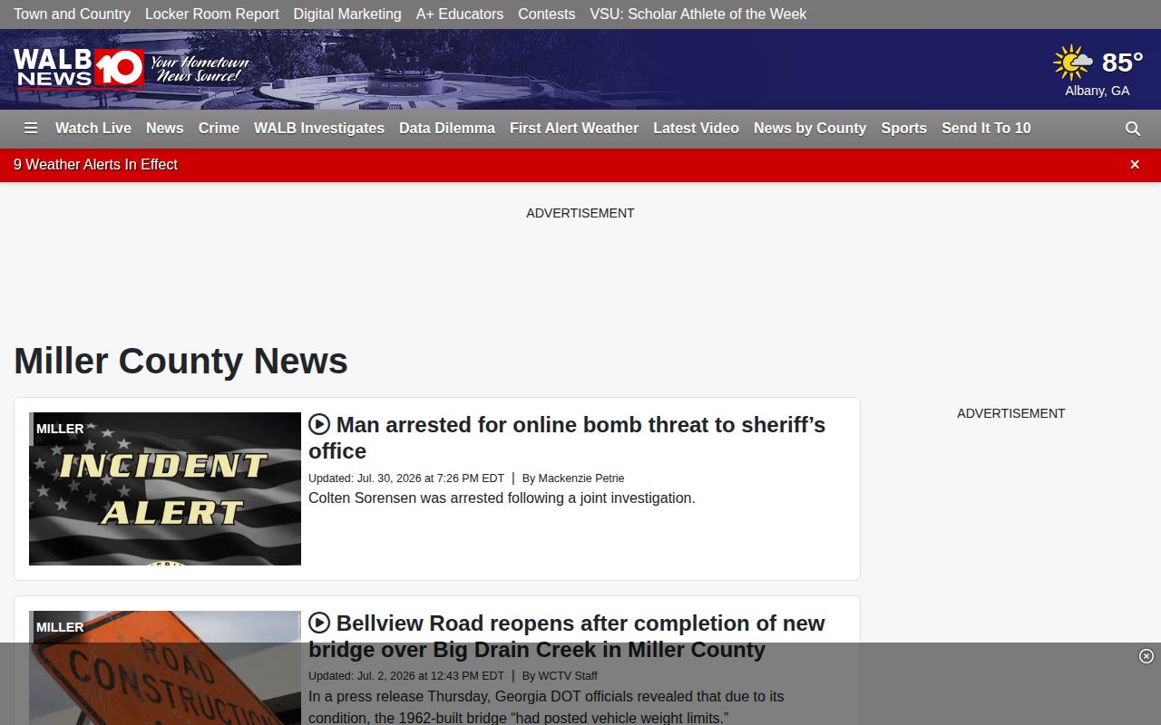WALB Miller County crime news page with agency-attributed local reporting