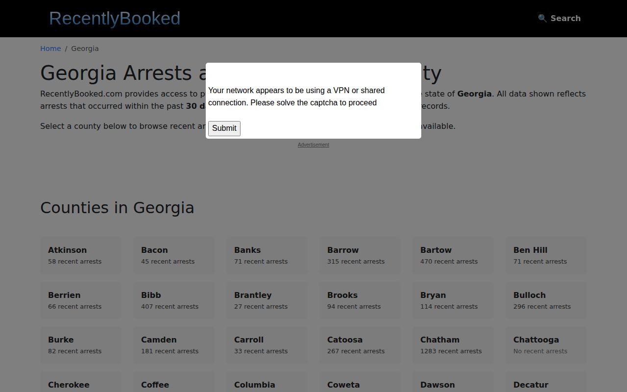 RecentlyBooked Georgia booking-record directory showing secondary-resource coverage context for Miller County