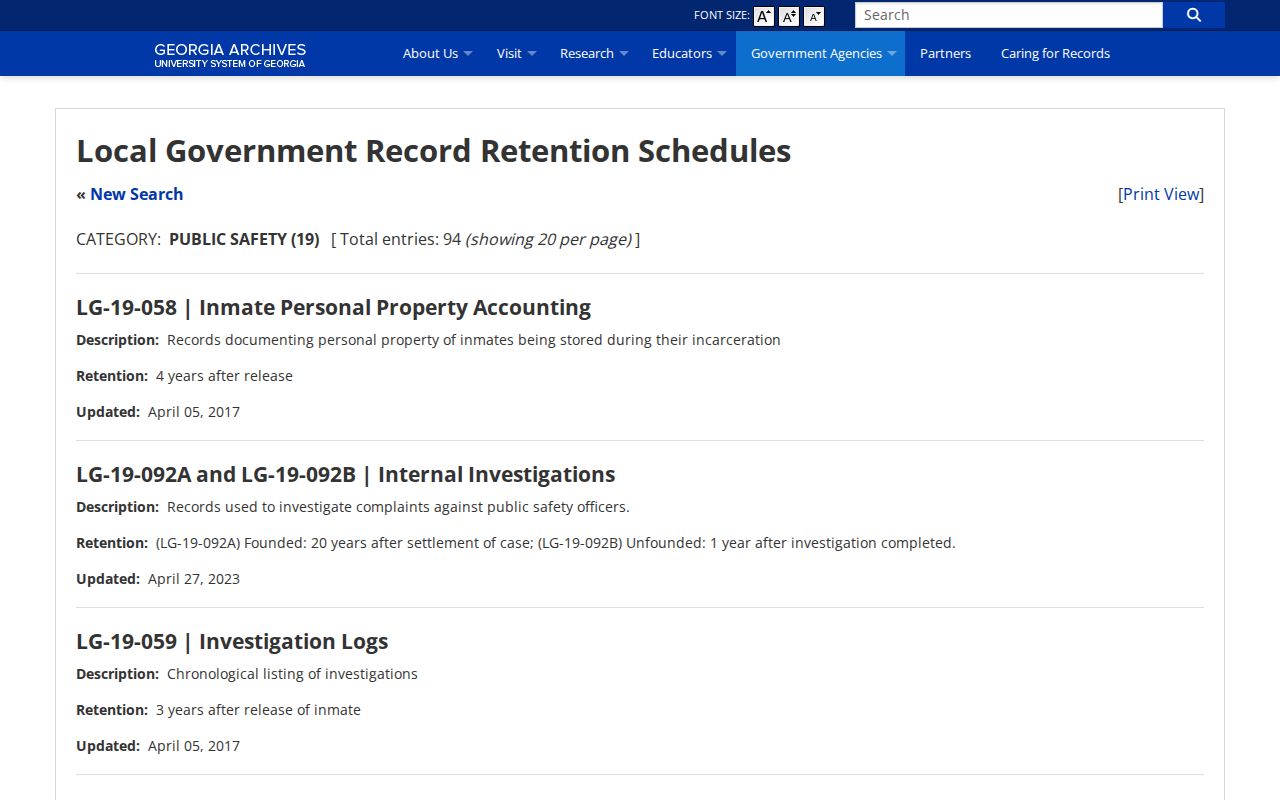 Georgia Archives local jail booking record retention information for Miller County records